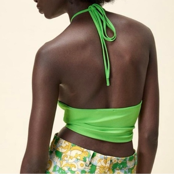 Zara Halter Top Ribbed Crop Top, Bright Green, Size Medium - Picture 2 of 5